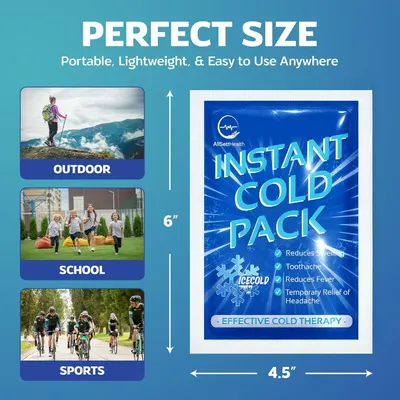 Communicates the physical dimensions (6 inches by 4.5 inches) of the cold pack to show shoppers it's compact and portable for use anywhere. Demonstrates the product's versatility by showing three…