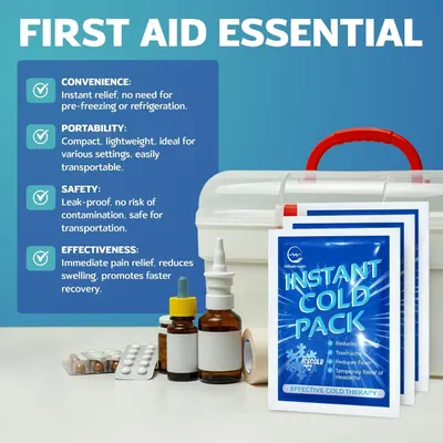 Communicates multiple distinct benefits of the instant cold pack product through a segmented layout with checkmark icons, highlighting convenience, portability, safety, and effectiveness to reassure…