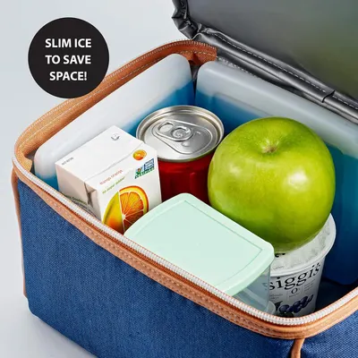 Highlights the product's slim ice pack design that maximizes interior space in the lunch bag, allowing shoppers to fit more food and drinks efficiently.