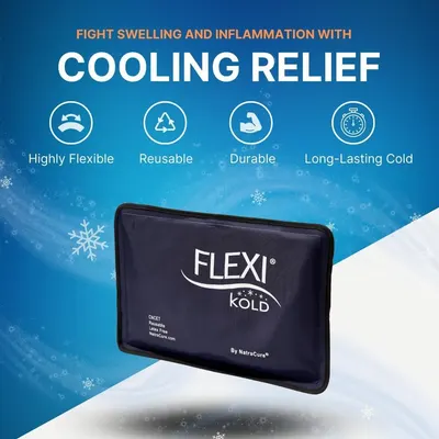 Communicates multiple key benefits of the cooling relief product in a segmented icon layout to reassure shoppers of its quality, versatility, and effectiveness.