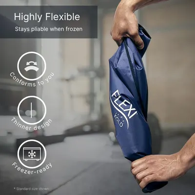 Communicates multiple distinct benefits of the ice pack through a segmented layout with icons, showing it stays flexible when frozen, conforms to body shape, has a thin profile, and is freezer-ready.