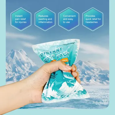 Communicates multiple distinct benefits of the instant cold pack in a segmented layout, showing shoppers the product's versatility for pain relief, inflammation reduction, ease of use, and headache…