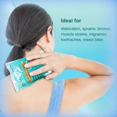 Demonstrates the versatility of the cold pack by listing multiple pain relief applications (dislocation, sprains, bruises, muscle strains, migraines, toothaches, insect bites) to show shoppers the…
