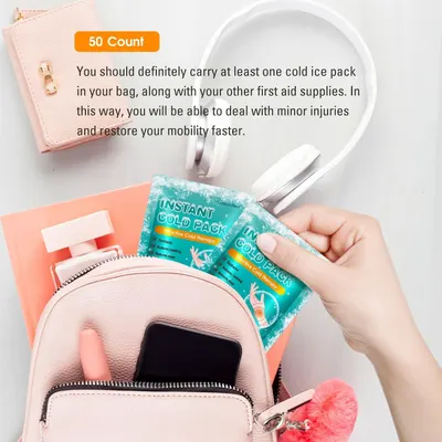Demonstrates how the instant cold pack can be carried in a bag as part of first aid supplies for treating minor injuries on-the-go, emphasizing its practical everyday application. Highlights the…