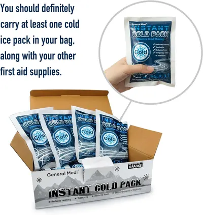 Demonstrates a practical use case for the instant cold pack by suggesting it should be carried in a bag with other first aid supplies for emergency situations. Shows the customer receives 8…