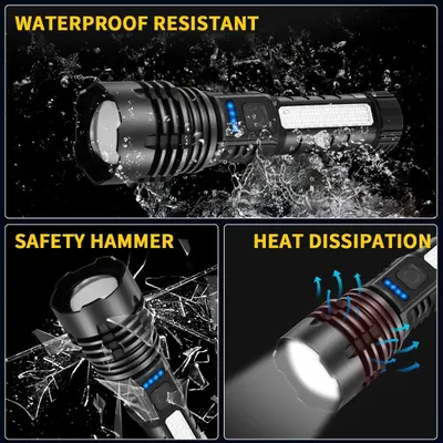 Showcases three distinct product benefits in a segmented layout to demonstrate the flashlight's durability, emergency utility, and thermal management capabilities.