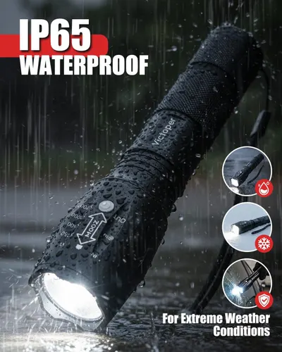 Communicates that the flashlight is IP65 waterproof and designed to withstand extreme weather conditions, reassuring shoppers of its durability and reliability in harsh environments.