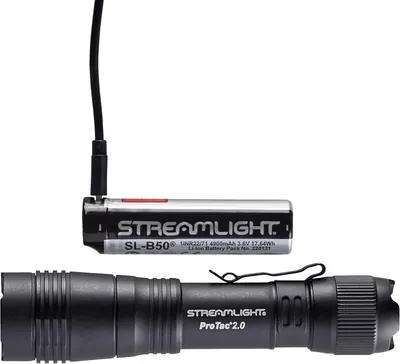Shows the customer what is included in the purchase: a rechargeable battery pack and the ProTac 2.0 flashlight, helping them understand the complete kit they will receive.