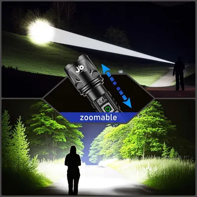 Demonstrates the flashlight's adjustable zoom capability, showing how it can focus or widen the beam for different lighting needs in outdoor scenarios.