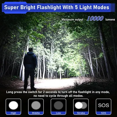 Communicates the flashlight's exceptional brightness performance (10,000 lumens) and versatility with 5 different light modes to reassure shoppers of its power and functionality. Explains how to…