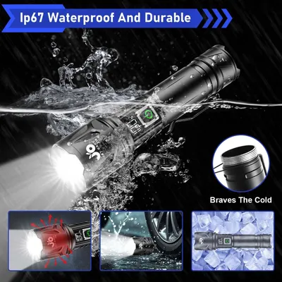 Demonstrates the flashlight's durability and weather resistance across multiple conditions—waterproof, cold-resistant, and heat-dissipating—to reassure shoppers it can withstand extreme environments.