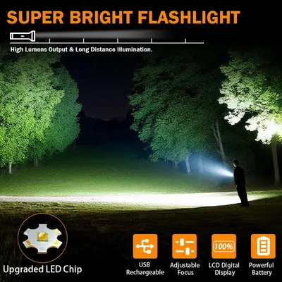 Communicates multiple key selling benefits of the flashlight including brightness, distance, LED technology, rechargeability, adjustable focus, digital display, and battery power to demonstrate…