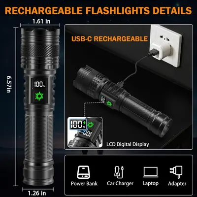 Communicates the exact physical dimensions of the flashlight (1.61 in width, 6.57 in height, 1.26 in base) to help shoppers understand its compact, portable size. Highlights multiple key features…