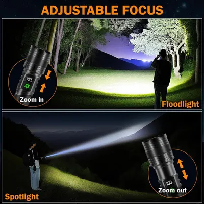 Demonstrates the flashlight's adjustable focus capability, showing how it can zoom in for a wide floodlight beam or zoom out for a concentrated spotlight beam, reassuring shoppers of its versatility…