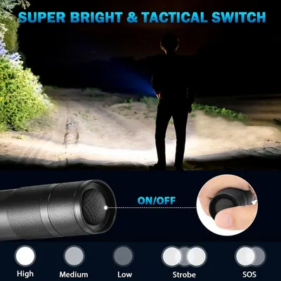 Highlights the tactical switch mechanism and multiple brightness modes (High, Medium, Low, Strobe, SOS) to demonstrate the flashlight's versatility and ease of operation. Demonstrates the…
