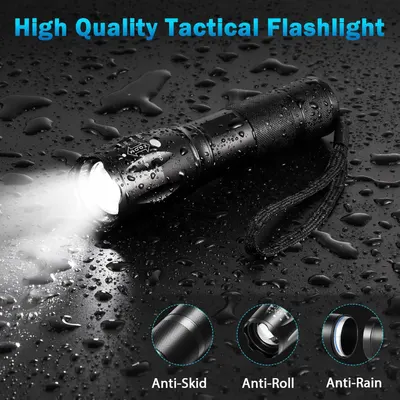 Communicates multiple durability and design benefits of the tactical flashlight through visually segmented callouts, reassuring shoppers that the product is rugged, stable, and weather-resistant.