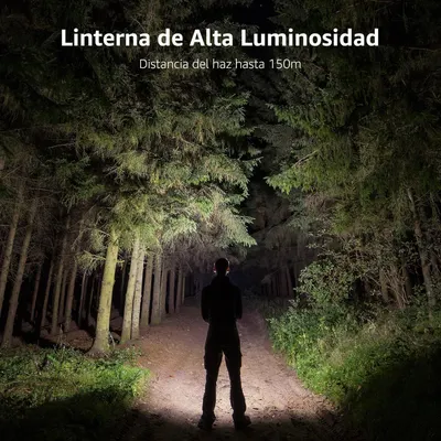 Communicates the flashlight's powerful beam range of 150 meters to reassure shoppers of its high-brightness performance for outdoor and nighttime use. Shows the product in a real-world nighttime…