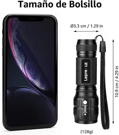 Communicates the physical dimensions and portability of the flashlight by showing exact measurements and scale comparison with a smartphone, reassuring shoppers about its compact, pocket-friendly…