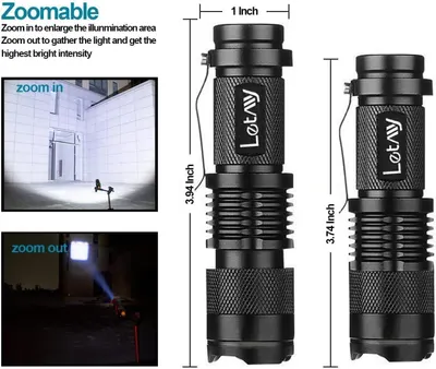 Shows the exact physical dimensions of the flashlight (3.94 inch and 3.74 inch) with measurement arrows to help shoppers understand the product's compact size. Demonstrates the flashlight's…