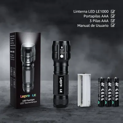 Shows everything included in the package: the LED flashlight, battery holder, 3 AAA batteries, and user manual, reassuring shoppers they receive a complete ready-to-use kit.