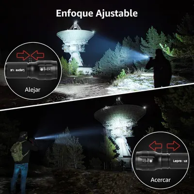 Demonstrates the flashlight's adjustable focus feature, showing how users can zoom in for a concentrated beam or zoom out for a wider flood beam to suit different lighting needs.