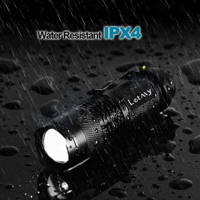 Communicates that the flashlight is water-resistant with IPX4 certification, reassuring shoppers it can withstand rain and wet conditions.