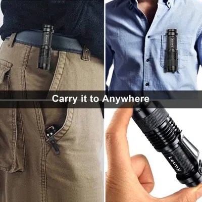 Demonstrates the flashlight's versatility by showing multiple ways to carry it—clipped to pants, shirt pocket, or held in hand—reassuring shoppers of its convenient portability for everyday use.…