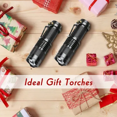 Positions the flashlights as an ideal gift option for the holiday season, surrounded by festive wrapped presents to encourage gifting purchases.