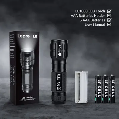 Shows everything included in the package—the LED torch, battery holder, 3 AAA batteries, and user manual—to reassure shoppers they're getting a complete, ready-to-use kit.