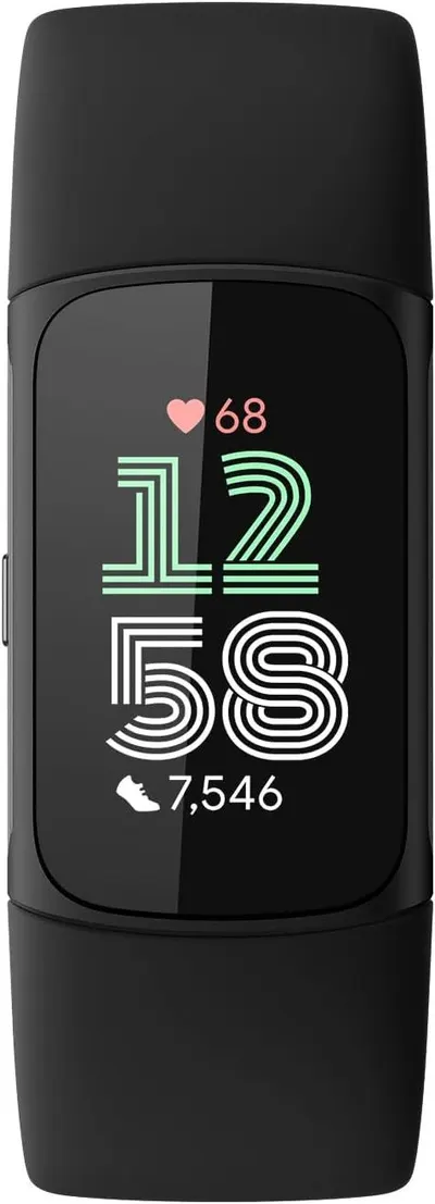 Shows the fitness tracker product with its display screen active, presenting it as a clean catalog-style image to help shoppers see the product design and interface.