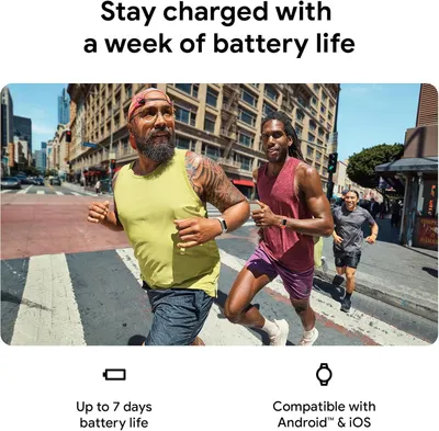 Communicates the product's impressive battery longevity to reassure shoppers they won't need frequent charging during active use. Highlights the key benefit of extended battery life in a lifestyle…