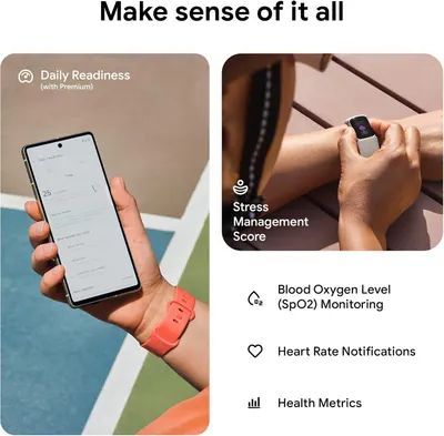 Communicates the comprehensive health and wellness tracking capabilities of the wearable device, showcasing multiple distinct features to demonstrate the product's versatility and value for holistic…