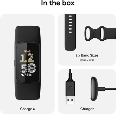 Shows shoppers everything included in the purchase: the Charge 6 fitness tracker, two band sizes for fit flexibility, and the charging cable, providing clarity on what they will receive.