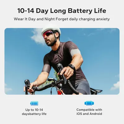 Communicates the exceptional battery longevity of the wearable device, reassuring shoppers they can use it continuously without frequent charging anxiety. Shows the product is compatible with both…