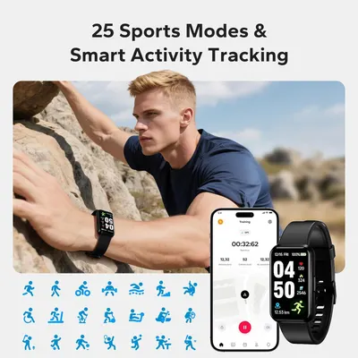 Demonstrates the product's versatility by showcasing 25 different sports and activity modes that the smartwatch can track, reassuring shoppers that it can support a wide range of fitness activities.…