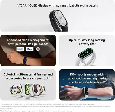 Showcases multiple distinct selling benefits of the fitness tracker in a segmented grid layout, highlighting display quality, sleep tracking, battery longevity, customization options, and sports…