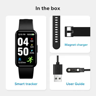 Shows the customer everything included in the purchase: the smart tracker watch, replacement band, magnetic charger, USB cable, and user guide to set clear expectations about what they will receive.