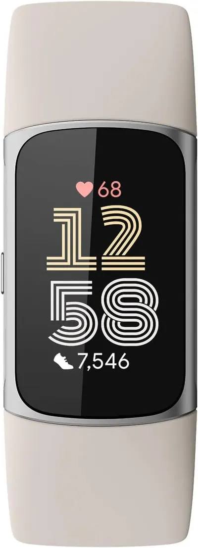 Communicates the fitness tracker's ability to measure heart rate (68 bpm) and count steps (7,546), demonstrating its core health and activity tracking capabilities to shoppers.