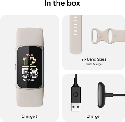 Shows the customer everything included in the purchase: the Charge 6 fitness tracker, two band sizes (small and large), and the charging cable, providing clarity on what to expect when unboxing.
