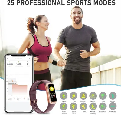 Demonstrates the fitness tracker's versatility by showcasing the wide variety of sports and activities it can track, from walking and running to yoga, cycling, tennis, and more.