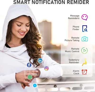 Showcases multiple smart notification and remote control features of the wearable device to demonstrate its versatility and connectivity capabilities.