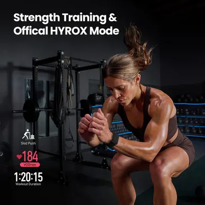 Demonstrates the product's use in a specific fitness application (strength training and HYROX mode), showing real-time workout metrics to communicate its versatility for serious athletes and fitness…