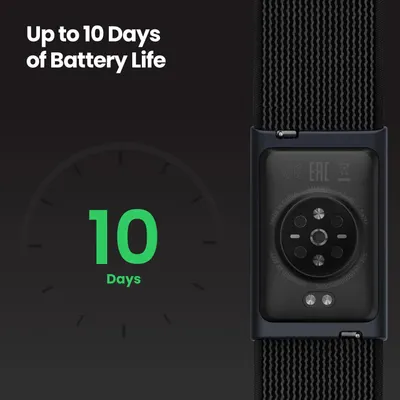 Communicates the impressive battery longevity of up to 10 days to reassure shoppers they won't need frequent charging. Highlights the key benefit of long-lasting battery performance as a primary…
