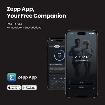 Communicates that the Zepp App is a free companion app with no mandatory subscriptions, and showcases the app interface to build brand awareness and encourage downloads from App Store and Google Play.