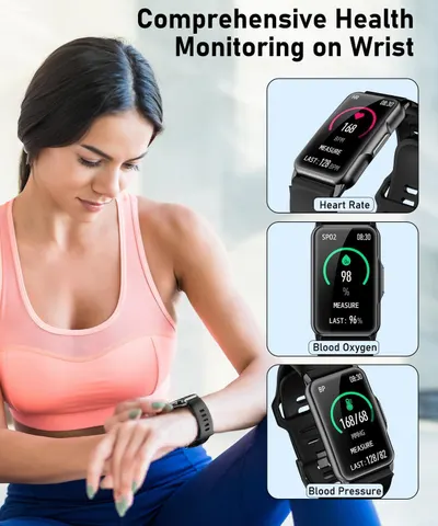 Demonstrates the smartwatch's comprehensive health monitoring capabilities by showcasing three distinct health metrics (heart rate, blood oxygen, and blood pressure) in a segmented visual layout to…