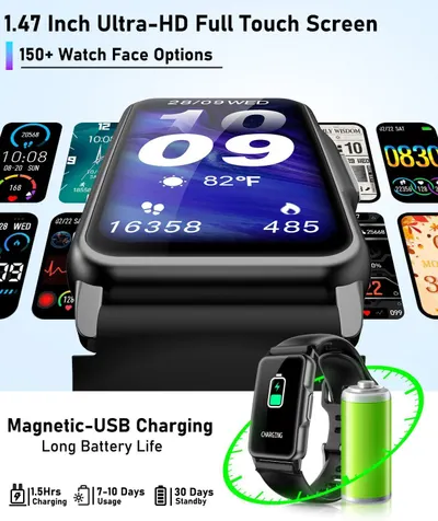 Communicates multiple key selling benefits of the smartwatch including display quality, customization options, and battery performance to demonstrate the product's versatility and value.