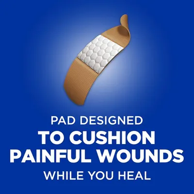 Communicates that the bandage features a cushioned pad designed to provide comfort and protection for painful wounds during the healing process.