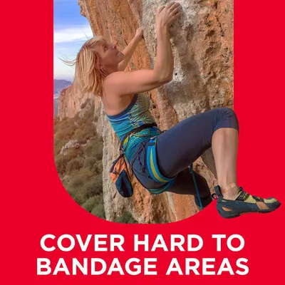 Demonstrates the product's ability to effectively cover difficult-to-bandage areas like joints and curved body parts, as shown through an active outdoor use case.