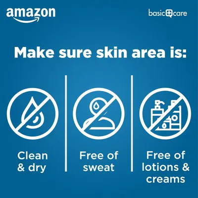 Instructs shoppers on proper skin preparation before applying the product, ensuring optimal adhesion and effectiveness by showing three required conditions: clean and dry skin, free of sweat, and…