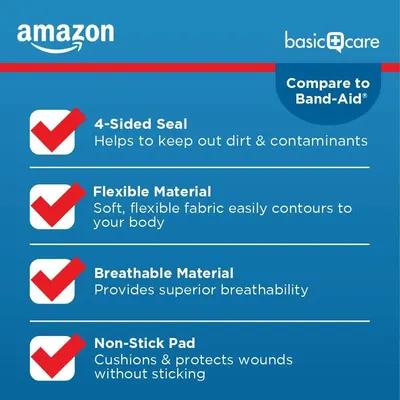 Communicates four distinct product benefits in a segmented checklist layout to show how Amazon Basics bandages compare to Band-Aid across multiple performance features. Positions the Amazon Basics…